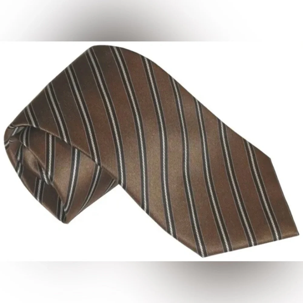 NEW BRIONI NECK TIE 100% SILK SATIN LT BROWN BLACK & WHITE ROPE DIAGONAL STRIPE
